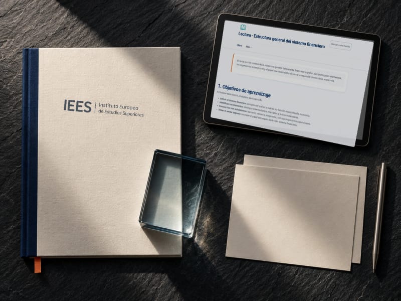 An overhead view of an IEES brand dossier and a tablet displaying a campus reading.