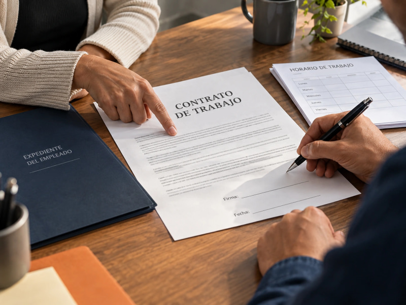 Two people reviewing and signing an employment contract.