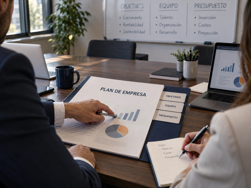A review of objectives, a budget and a business plan during a working meeting.