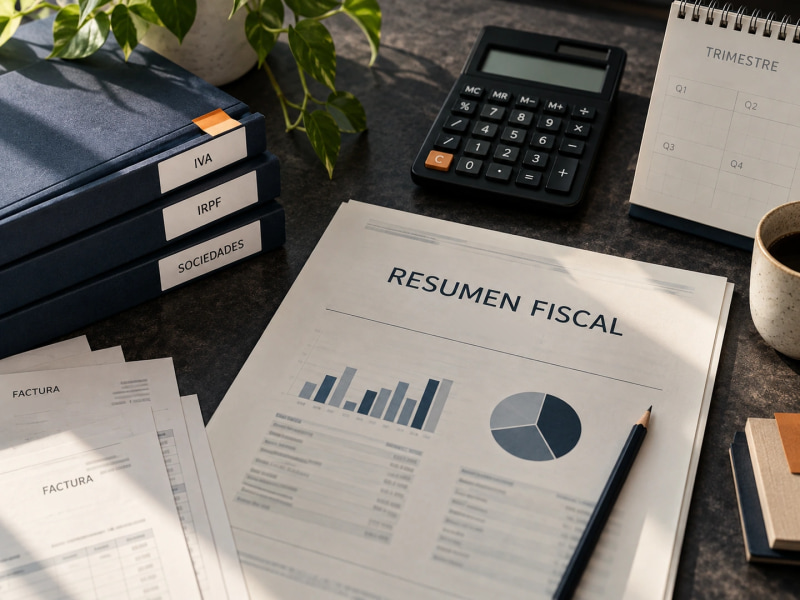 A tax workspace with a calculator, invoices and folders for VAT, personal income tax and corporation tax.