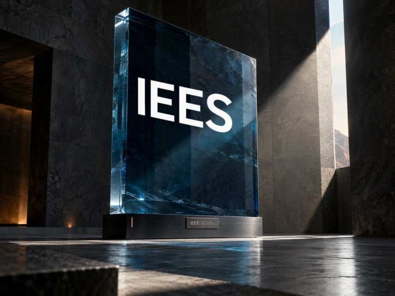 The IEES identity on blue glass with the logo in the foreground.