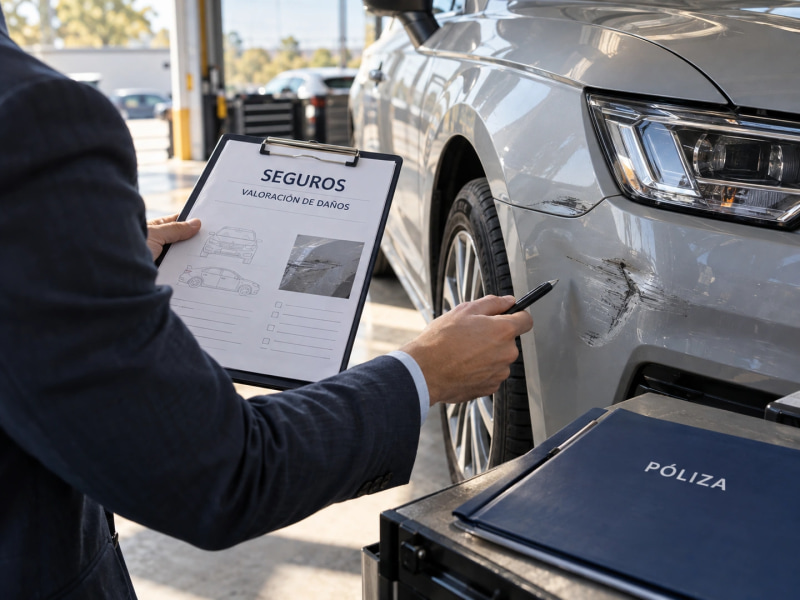 A vehicle inspection with an insurance policy file and a damage assessment.