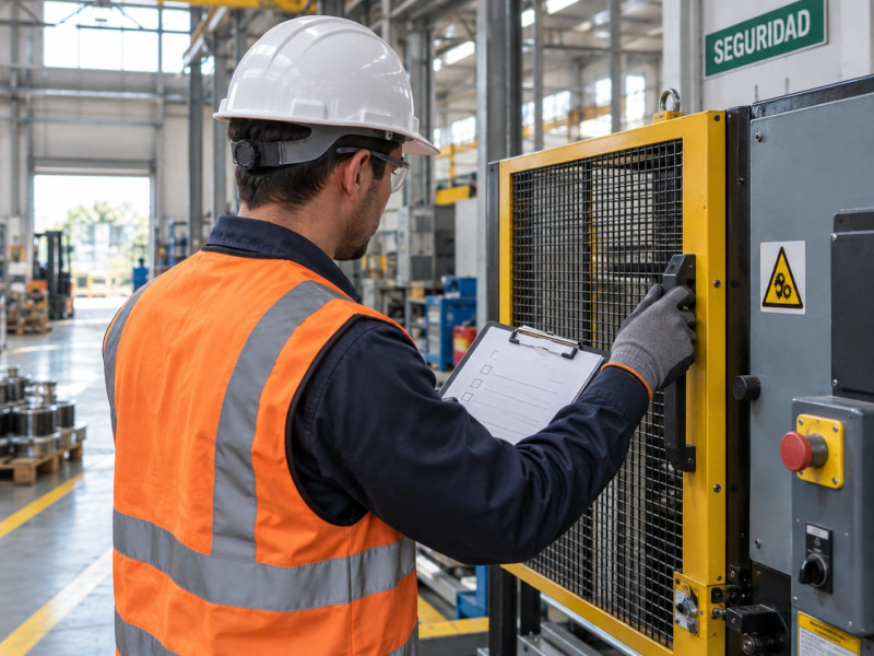 A safety inspection in an industrial facility, with a hard hat, safety vest and guarded machinery.
