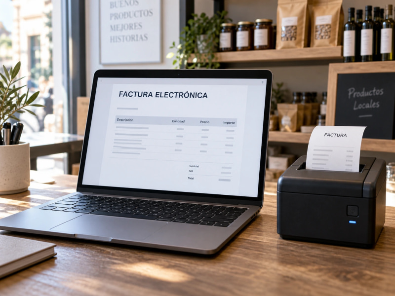 An electronic invoicing screen in a business beside a receipt printer.