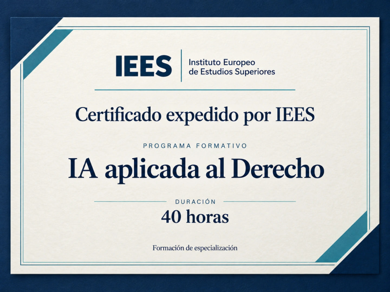 A certificate issued by IEES for the 40-hour AI Applied to Law course, on ivory paper with navy and petrol details.